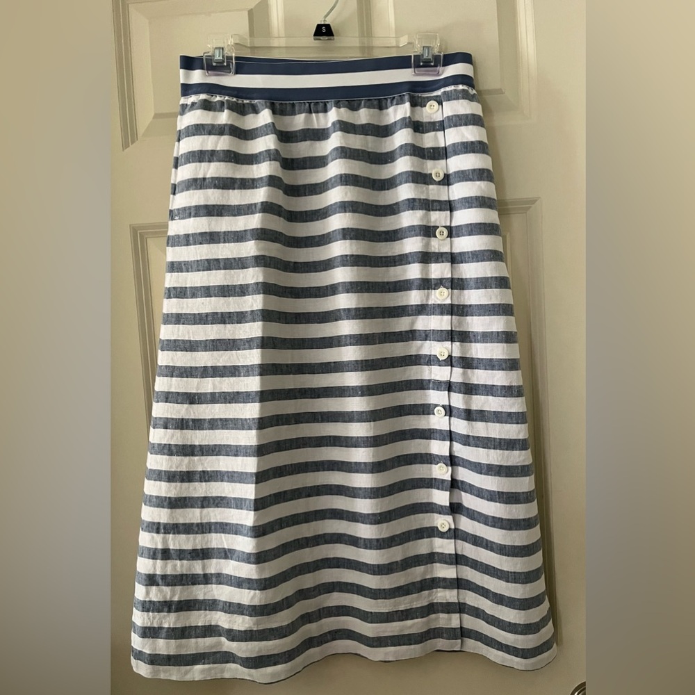 Women's J. Jill Blue & White Striped Linen Mock Button Front long skirt Small